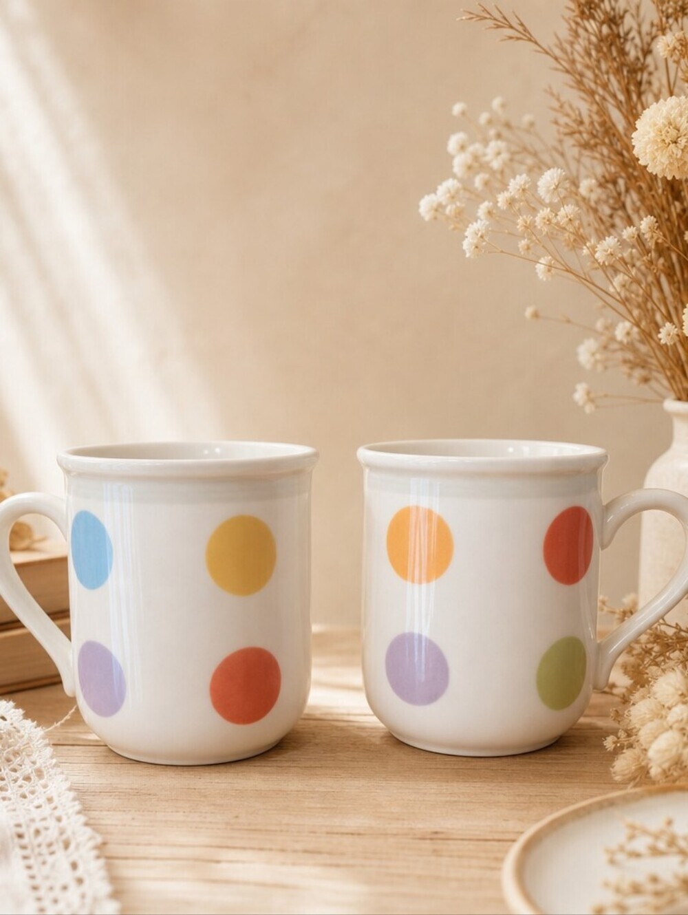 VTG Villeroy & Boch Bonjour Polka Dot Ceramic Mugs - Set of 2